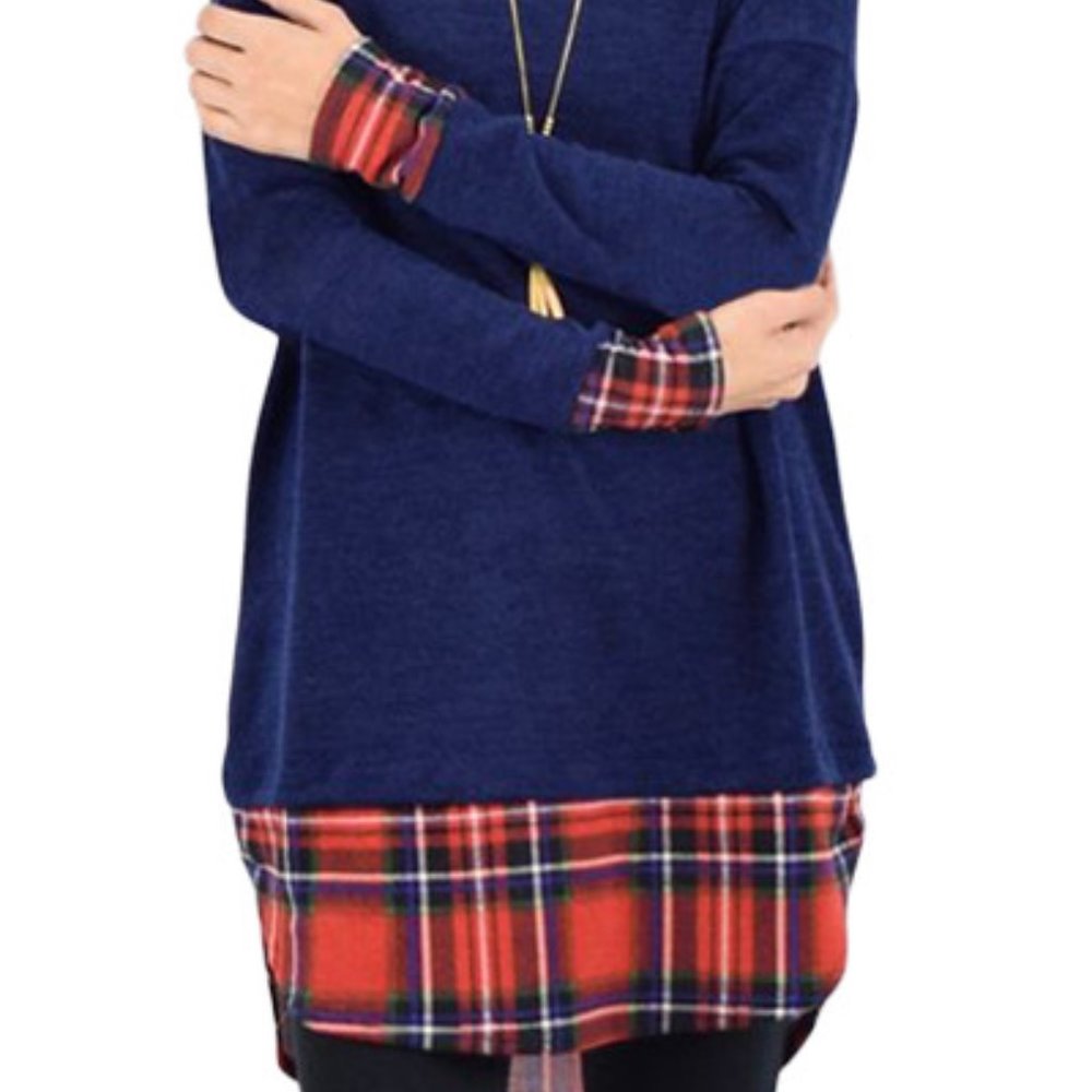 Plus Size Blue Tunic With Plaid Detail